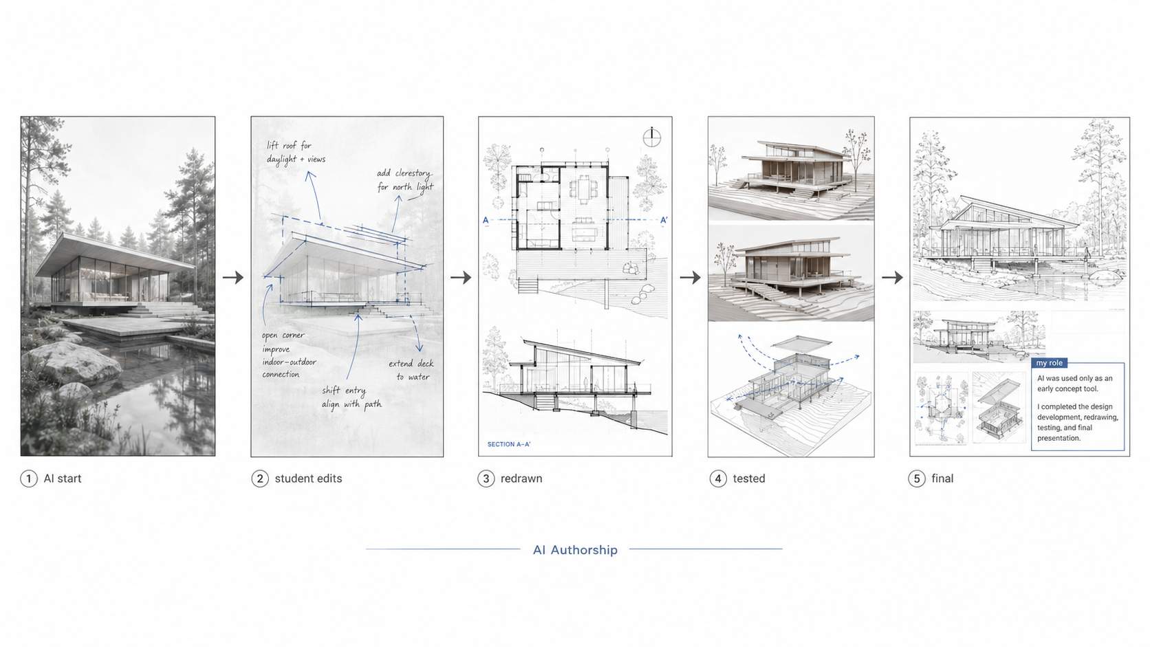 Editorial diagram showing an AI-assisted architecture workflow from AI concept image to student markup, redrawn plan and section, model testing, and final portfolio spread with an authorship note.