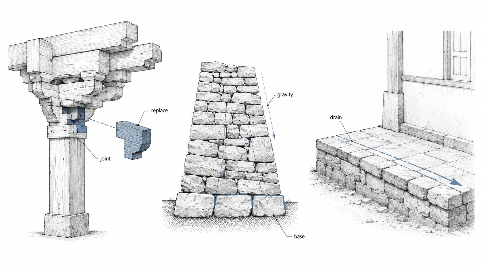 Diagram showing ancient repair logic through a replaceable timber bracket joint, a dry-stone gravity wall, and a raised platform draining water away from the base.