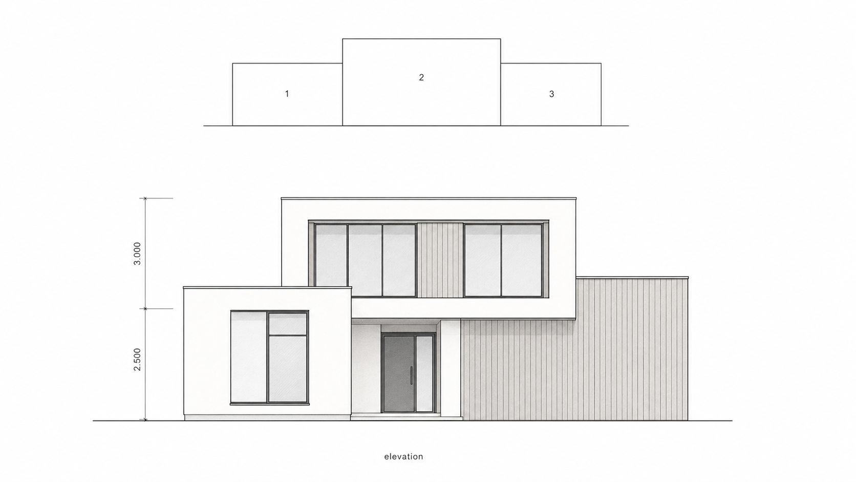 Modern house elevation diagram with simple massing study above.