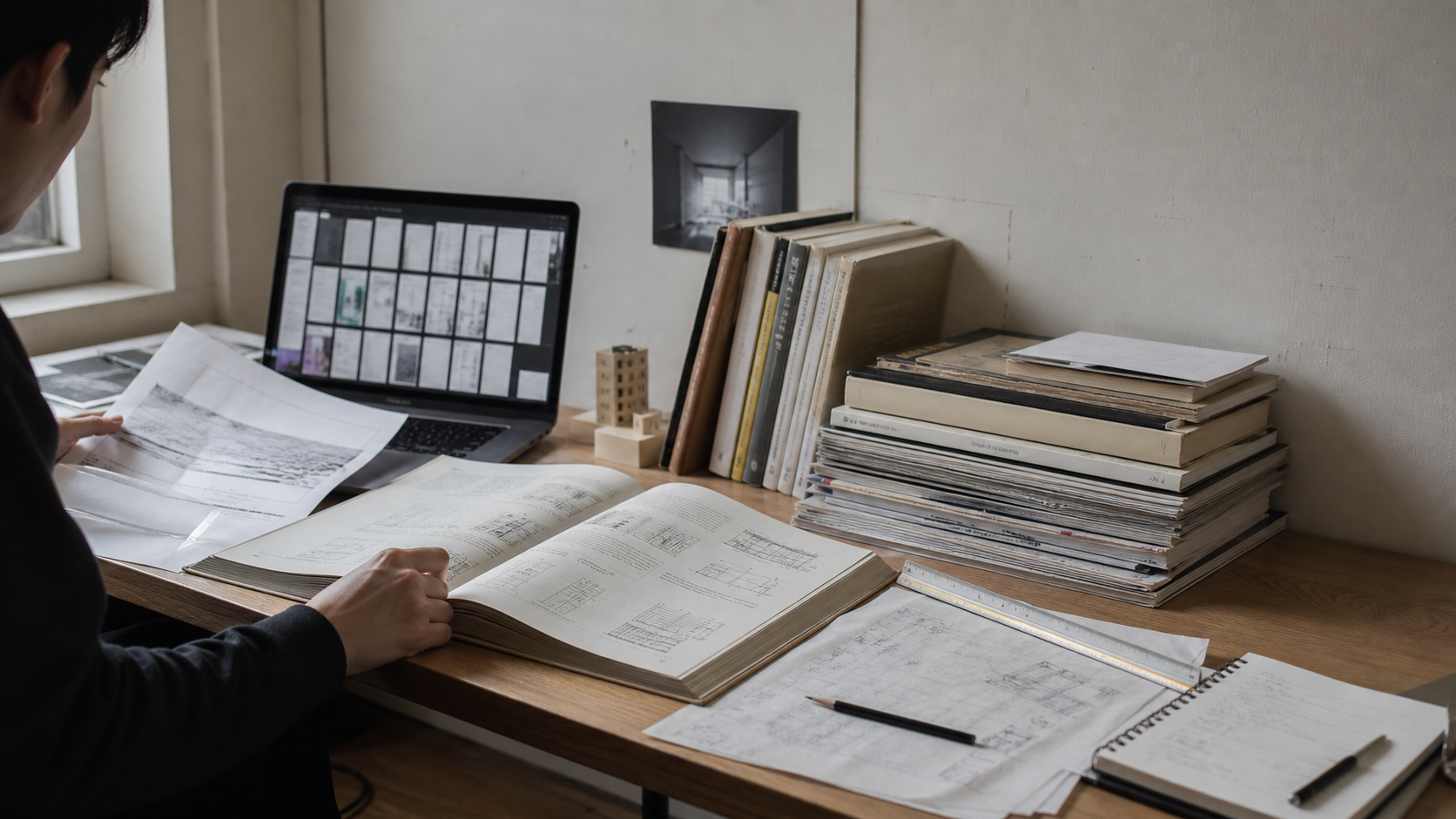 Architecture books, printed PDF pages, drawings, and a laptop document library on a study desk.