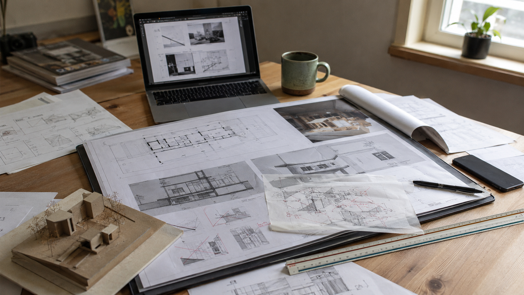 Architecture portfolio review desk with printed plans, sections, model photos, trace paper corrections, red editing marks, a chipboard model, laptop, scale ruler, pen, phone, and coffee mug in natural window light.