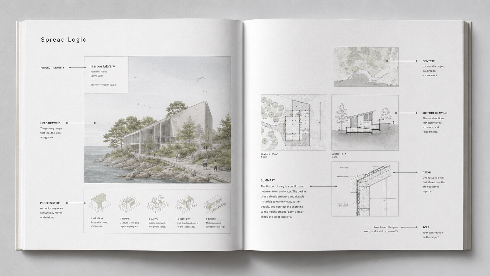 Architecture portfolio spread logic example showing how a project page can organize a hero drawing, project identity, process strip, context map, plans, sections, detail, summary, and role note.