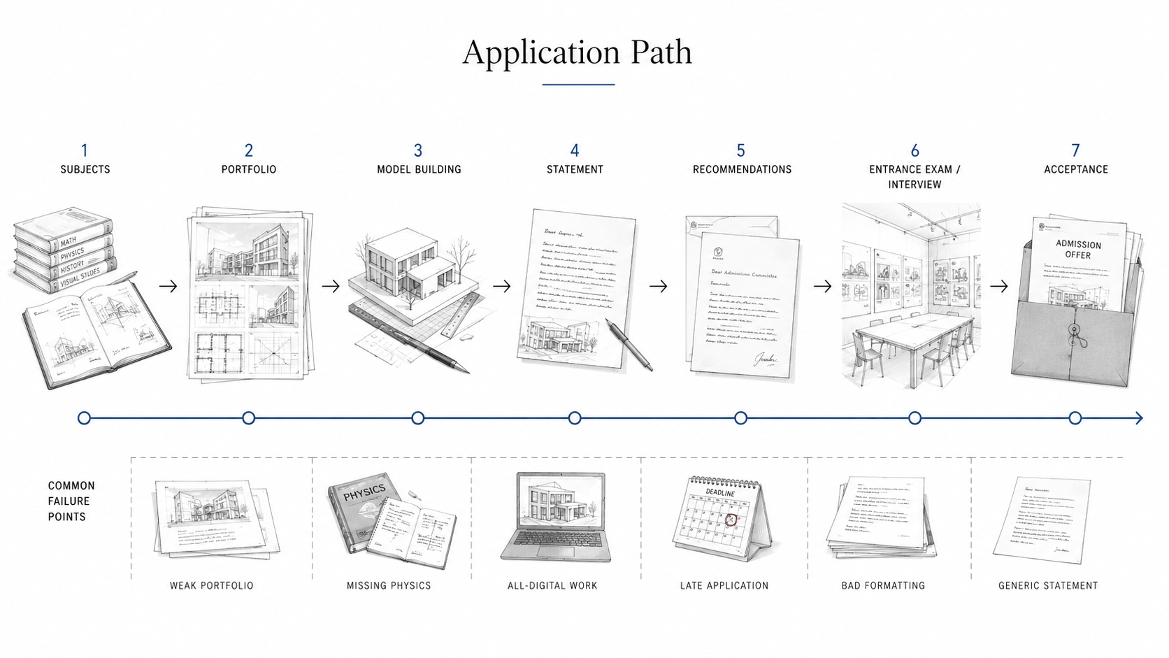 Architecture school application flow diagram showing subjects, portfolio, model building, statement, recommendations, review or interview, acceptance, and common failure points.