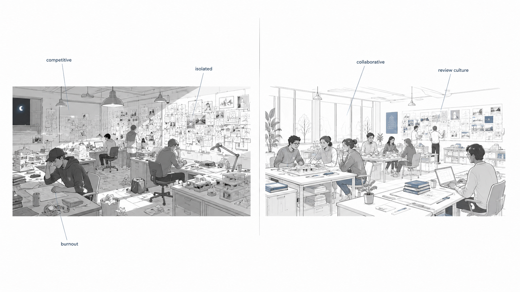 Comparison diagram showing isolated and competitive architecture studio culture beside a more collaborative studio with review discussion and organized worktables.