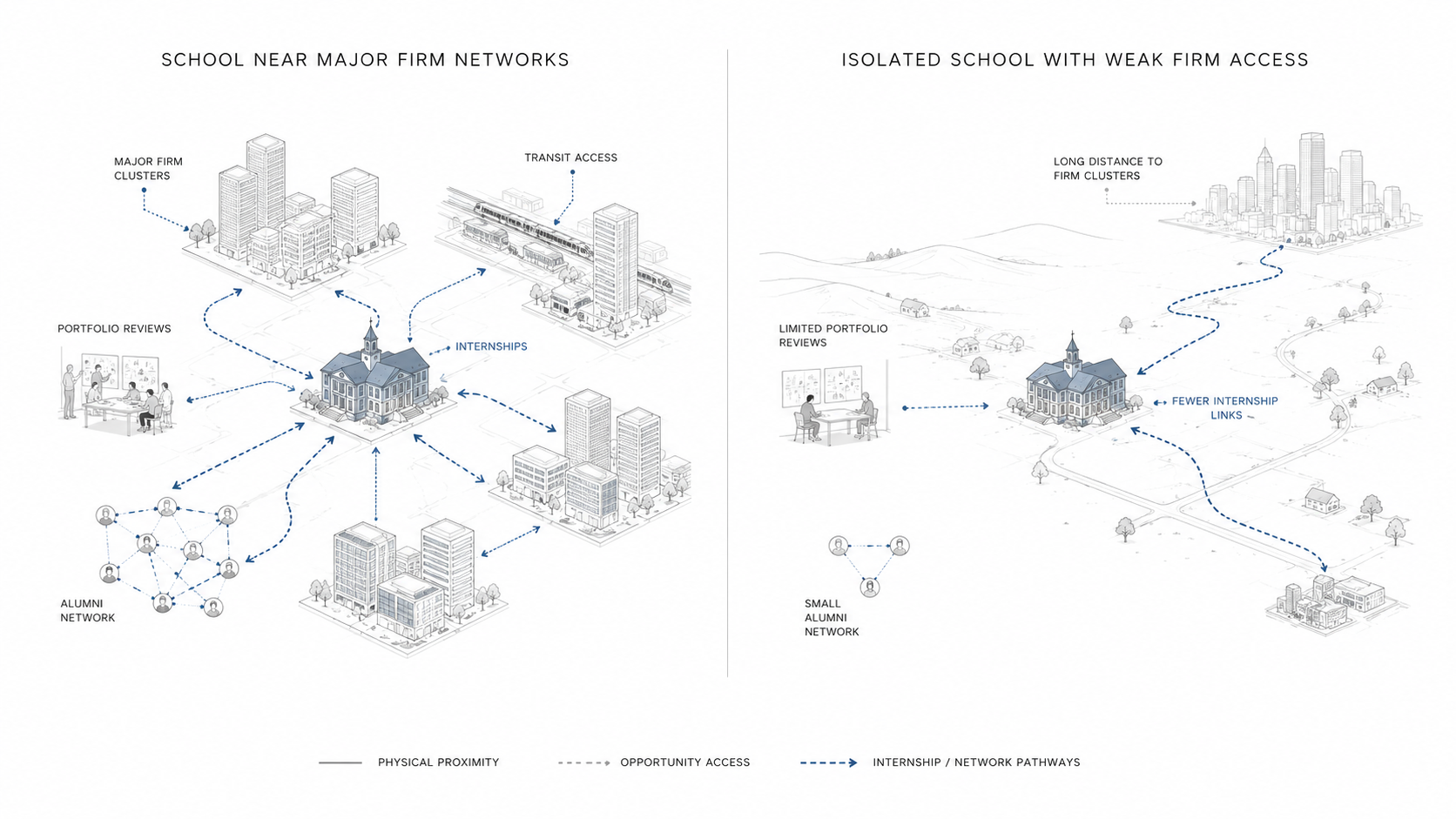 Diagram comparing an architecture school near firm networks with an isolated school that has weaker internship access, fewer portfolio reviews, and a smaller alumni network.
