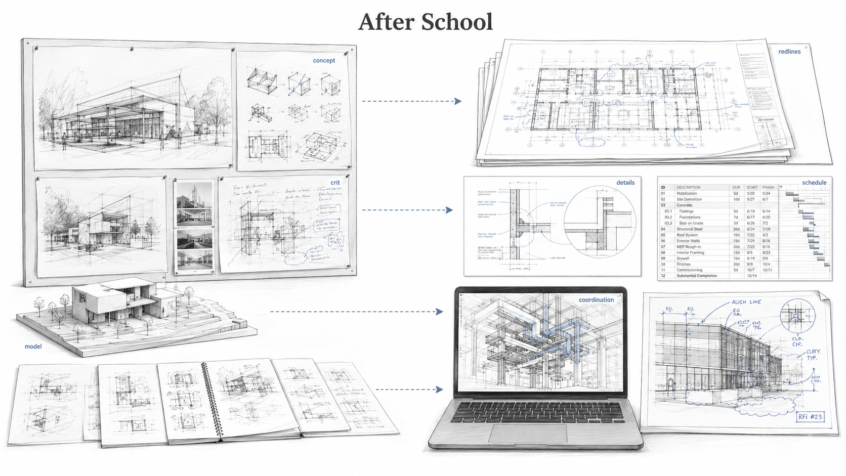 Comparison diagram showing architecture school studio work beside first office job tasks, including concept boards, models, redlines, details, schedules, and coordination drawings.