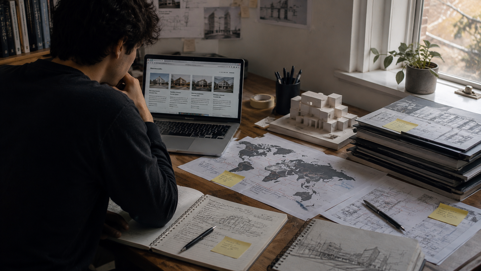 Architecture student comparing international architecture school options with a laptop, world map, portfolio papers, notes, and a small architectural model on a desk.