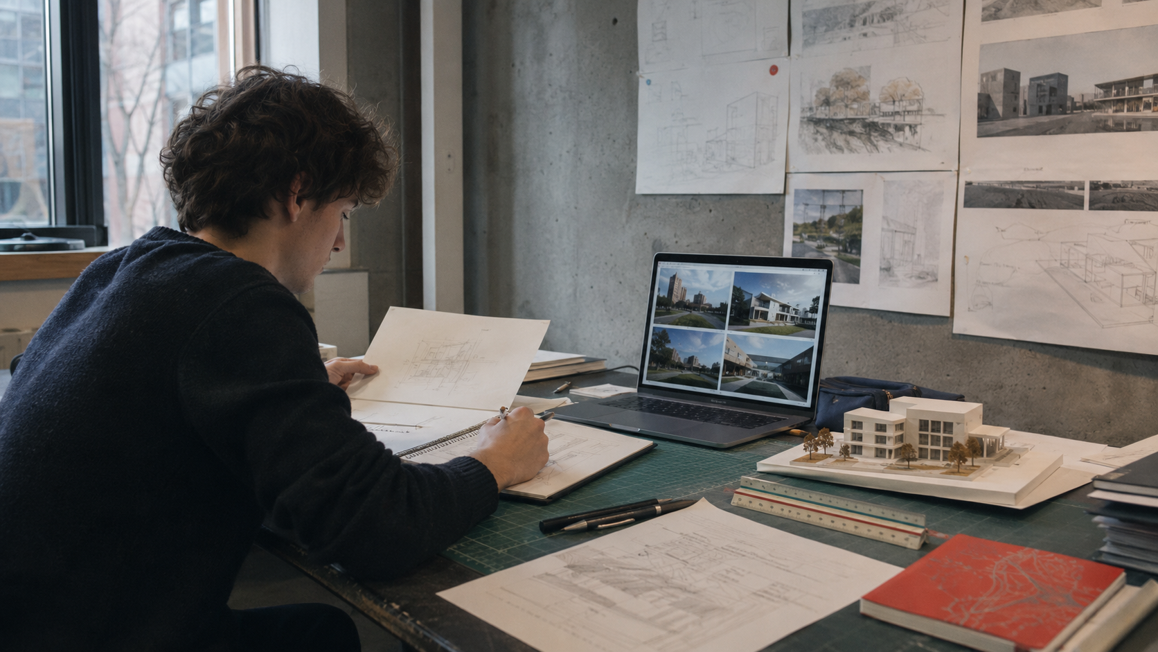 Architecture student working at a studio desk with drawings, a laptop, model, pinned boards, and portfolio materials while comparing architecture school options in Canada.