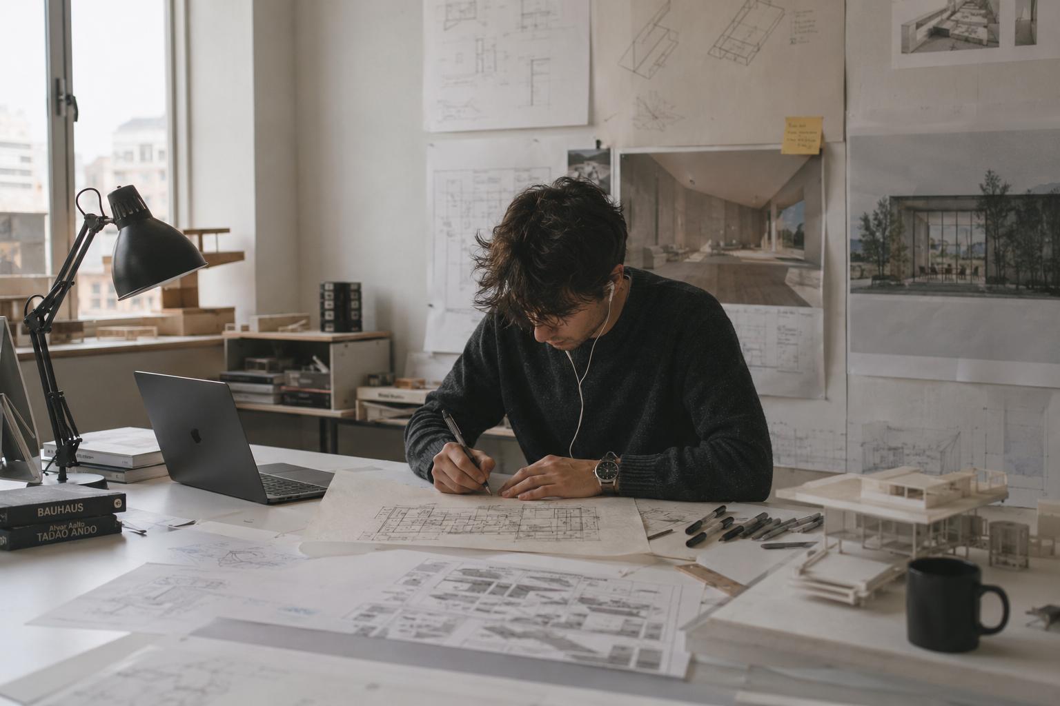 Architecture student working at a desk with a laptop, drawings, model materials, pinned boards, and headphones.