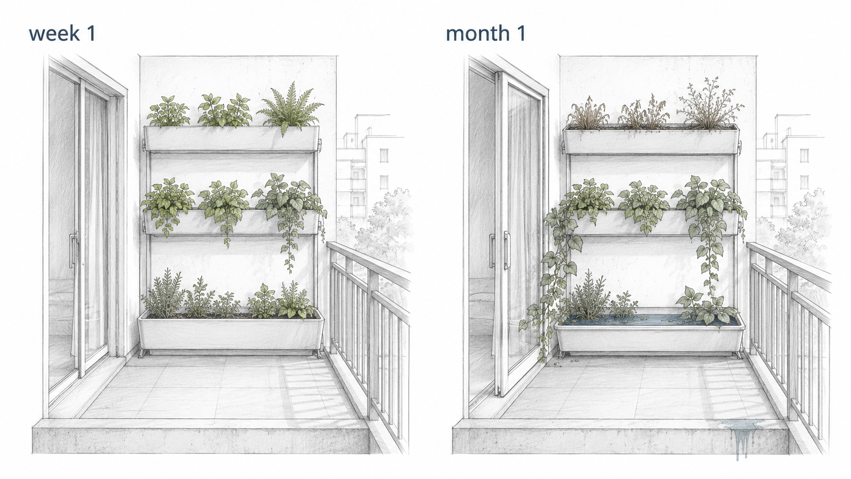Before and after balcony vertical garden comparison showing fresh first-week setup and one-month problems with dry plants, runoff, and blocked clearance.