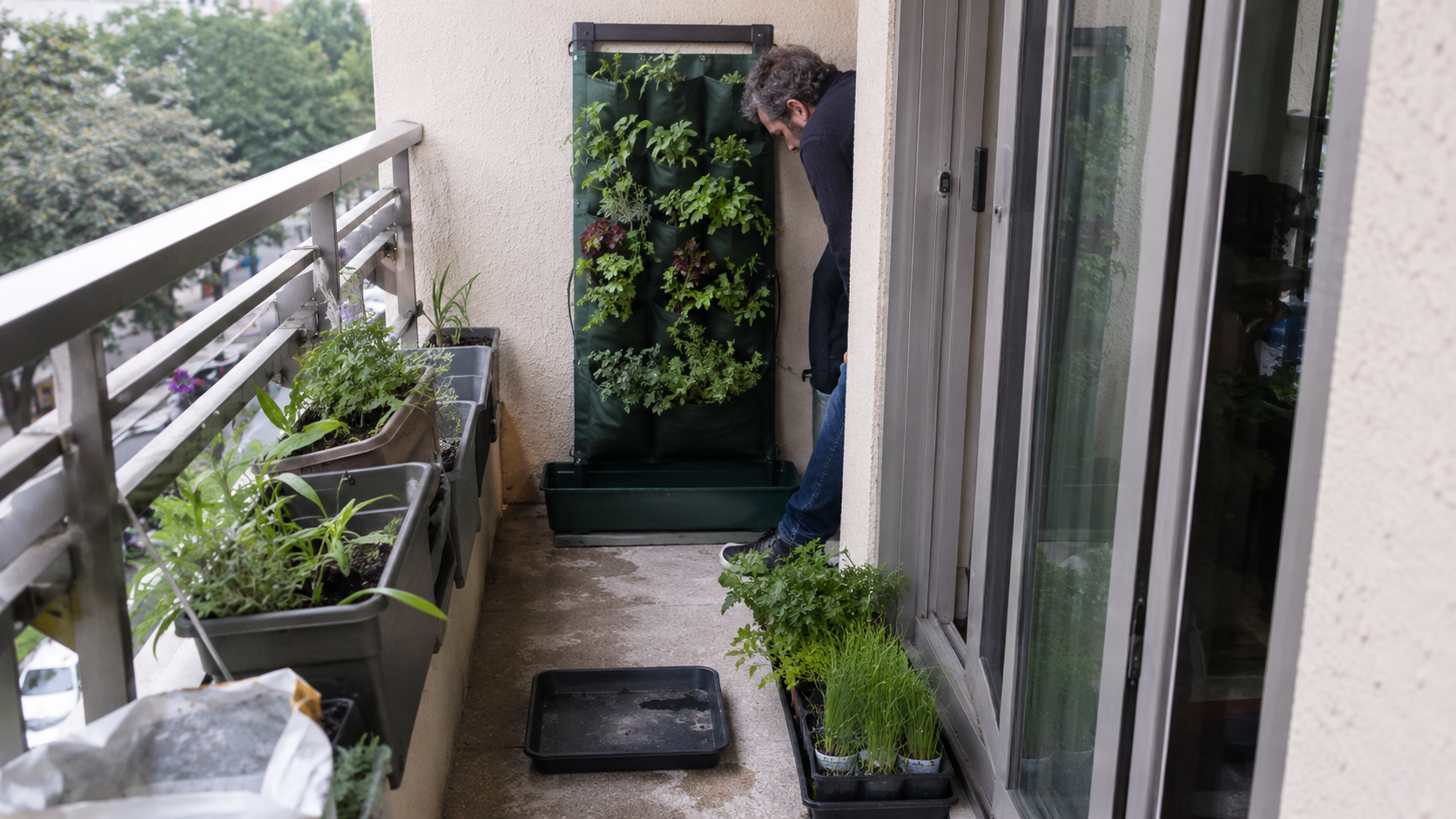 A small balcony being planned for a vertical garden with a freestanding planter, water tray, plants, and clear walking space.