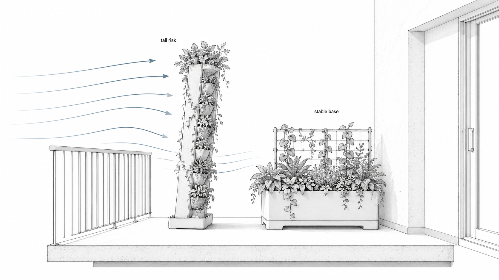 Diagram comparing a tall wind-exposed balcony planter with a lower stable planter near a protected wall.