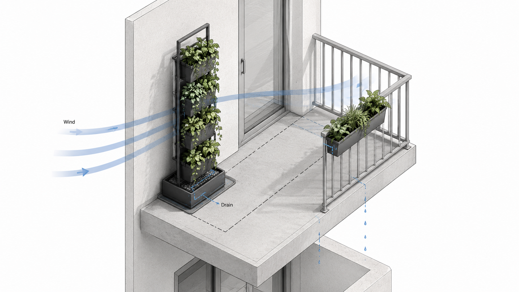 Balcony vertical garden diagram showing wind, drainage, walking clearance, and freestanding planter placement.