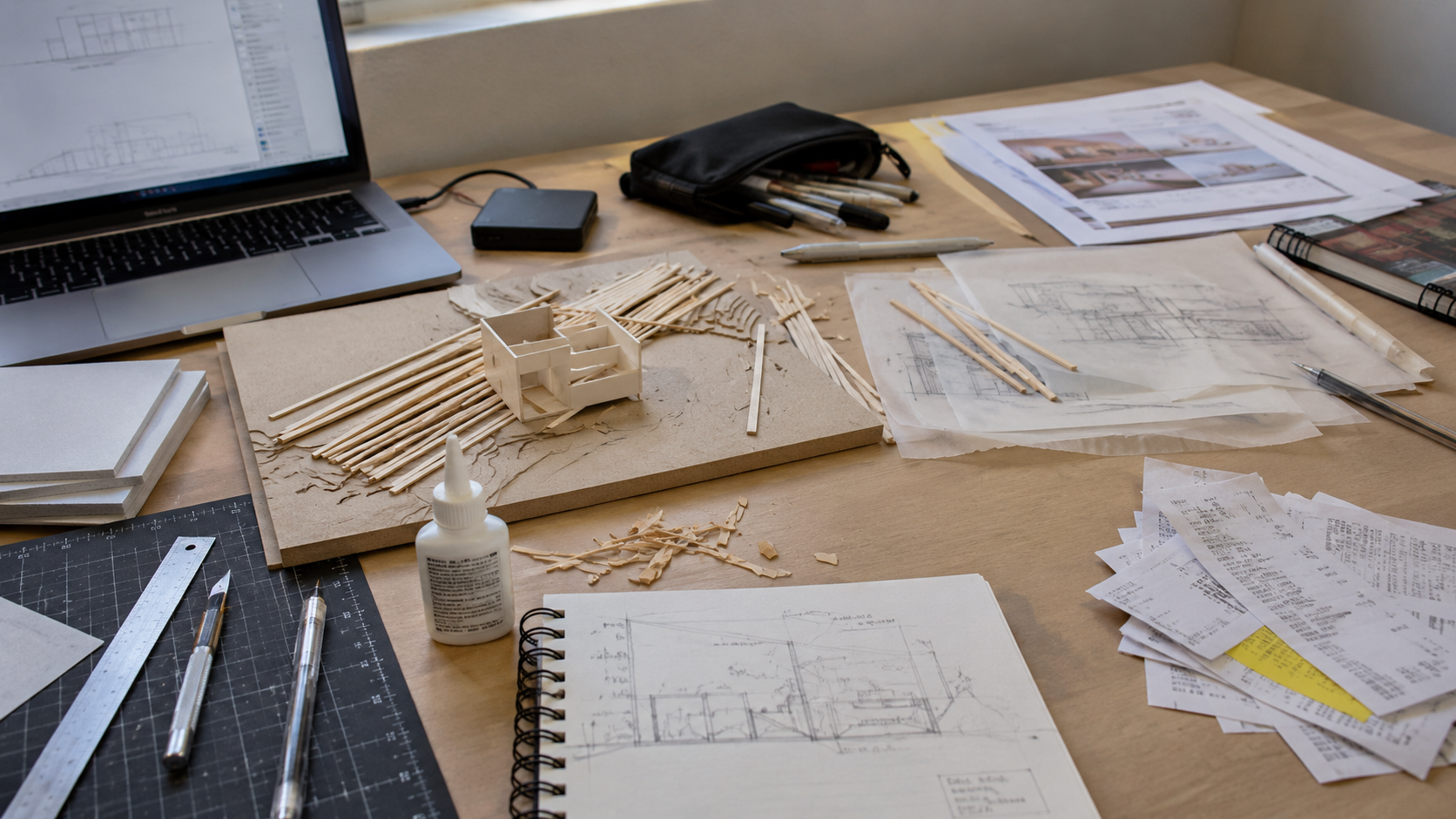 Architecture student desk with model materials, drawings, laptop, tools, and receipts showing the hidden cost of B.Arch studio work.
