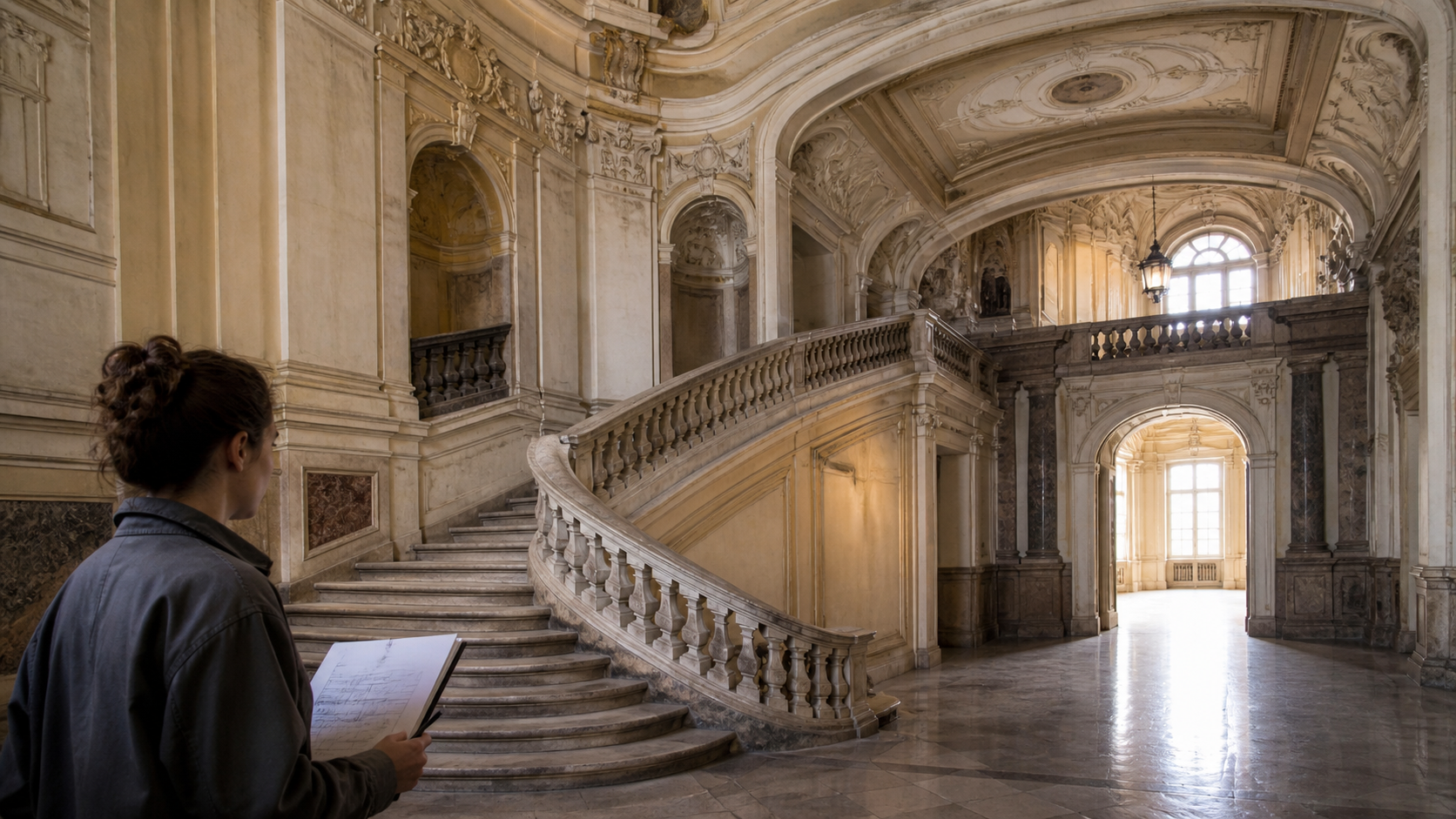 Baroque palace staircase with curved stone railings, layered plasterwork, and an architecture student studying the space.
