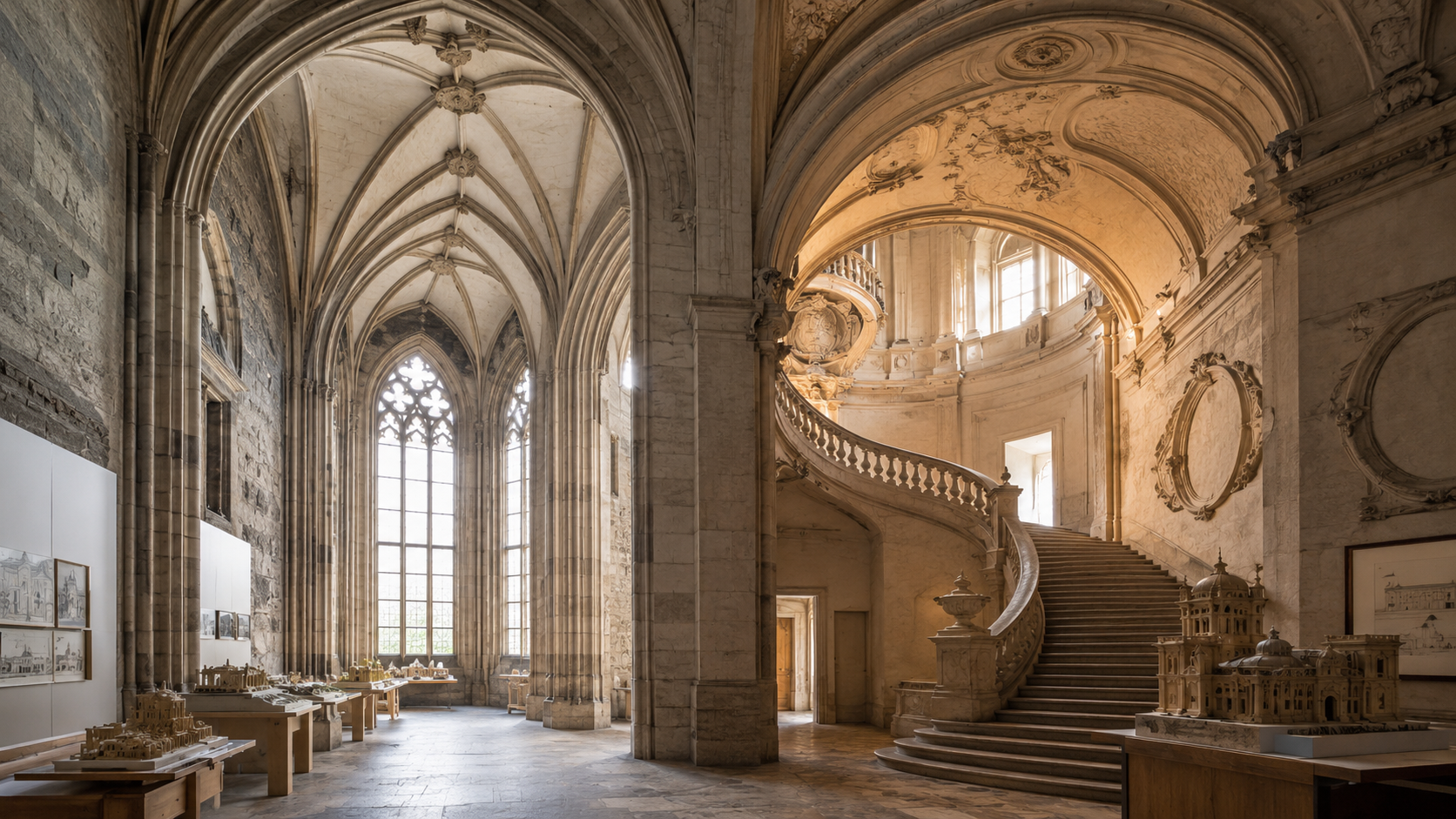 Split interior comparison of Gothic and Baroque architecture in a study-gallery setting, with a pointed rib-vaulted Gothic bay on the left and a curved Baroque stair hall on the right.
