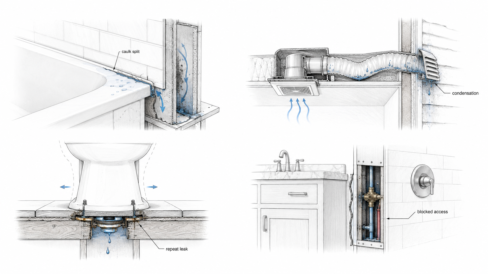 Bathroom failure detail diagram showing split caulk, condensation at fan ducting, toilet flange repeat leak, and blocked shower valve access.