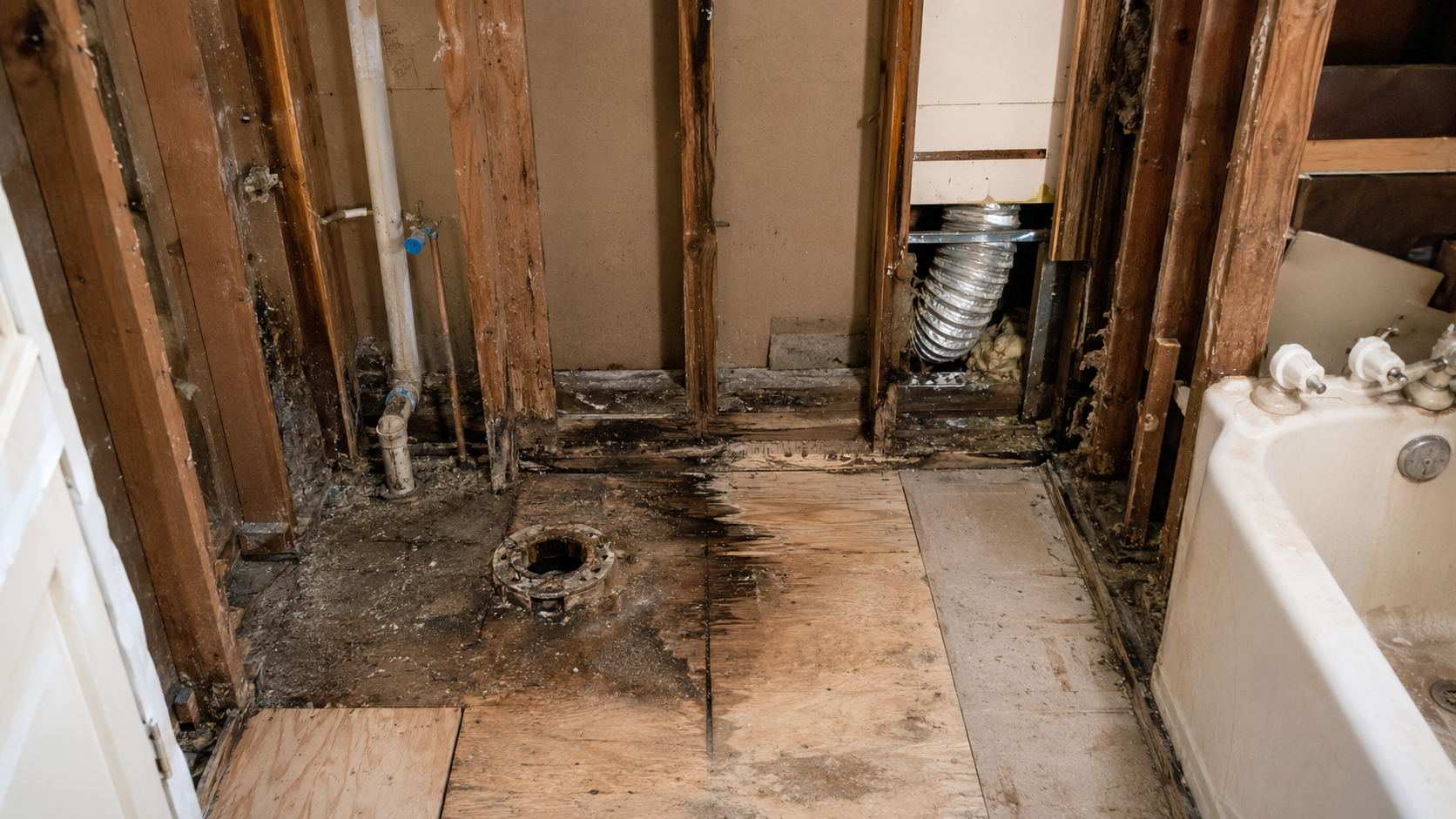 Older ranch bathroom with exposed studs, rough plumbing, toilet flange, stained subfloor, bathtub edge, and visible renovation damage.