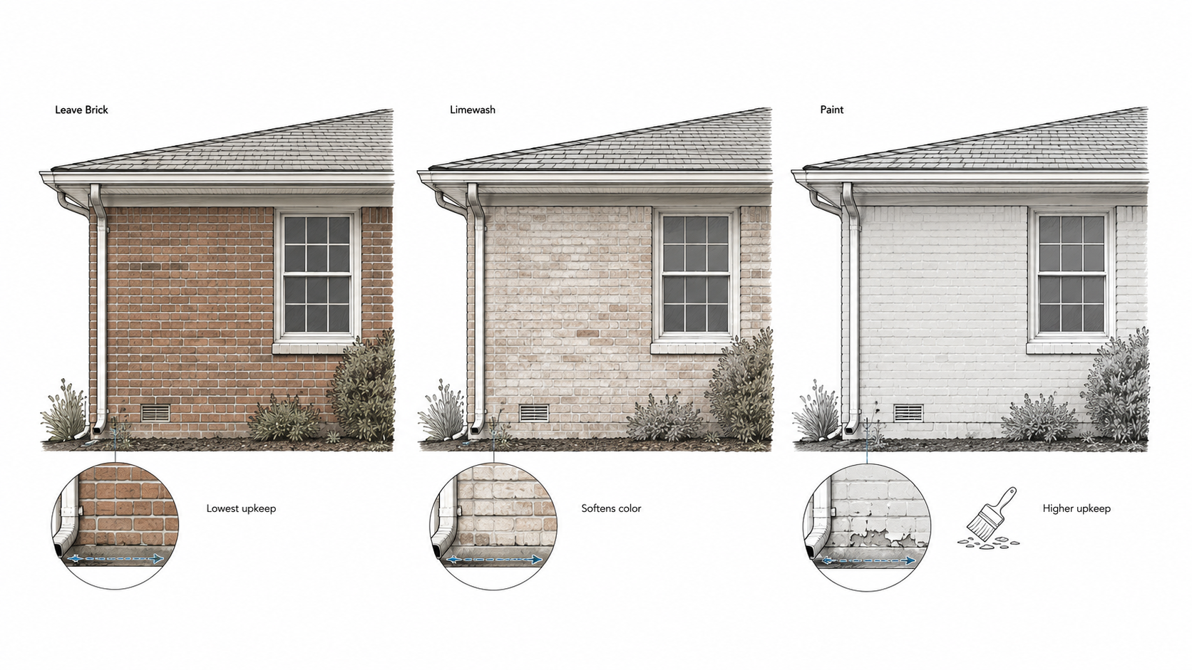 Brick ranch wall comparison showing natural brick, limewash, and painted brick with texture and upkeep differences.