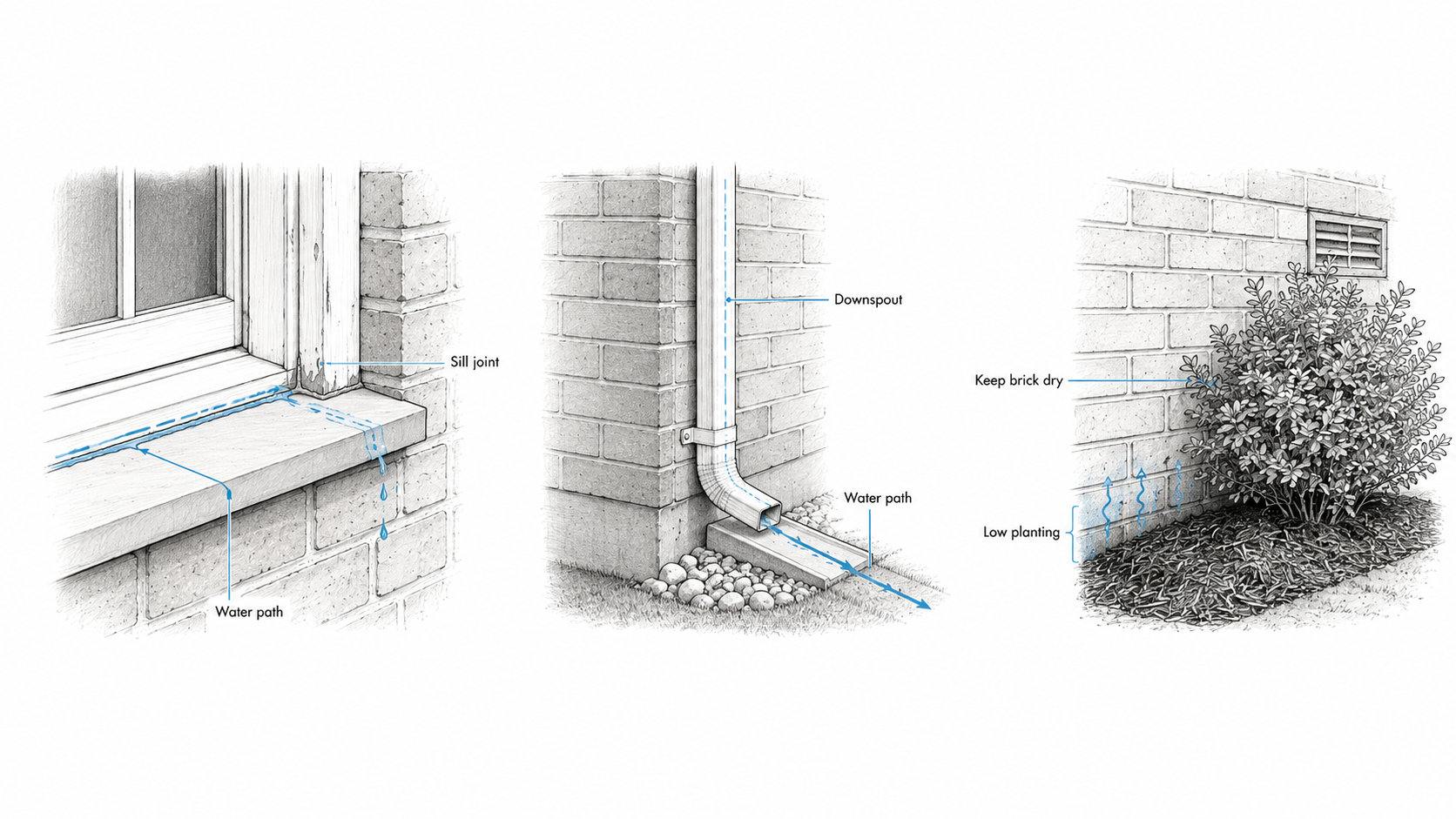 Brick ranch detail diagram showing sill joint, downspout water path, and low planting clearance before painting brick.