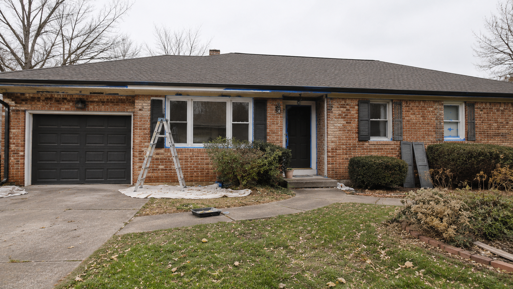 Brick ranch house with taped trim, dark garage door, ladder, drop cloth, and removed shutters leaning against the wall.