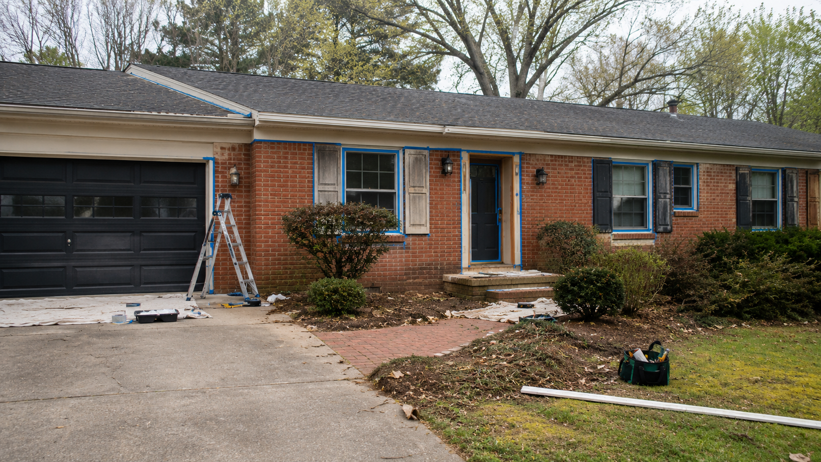 Brick ranch house exterior with taped trim, dark garage door, ladder, tools, and shrubs during an exterior update.