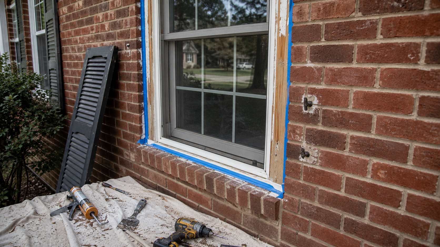 Brick ranch window with taped trim, removed shutter, anchor holes, caulk tools, drill, and drop cloth during exterior prep work.