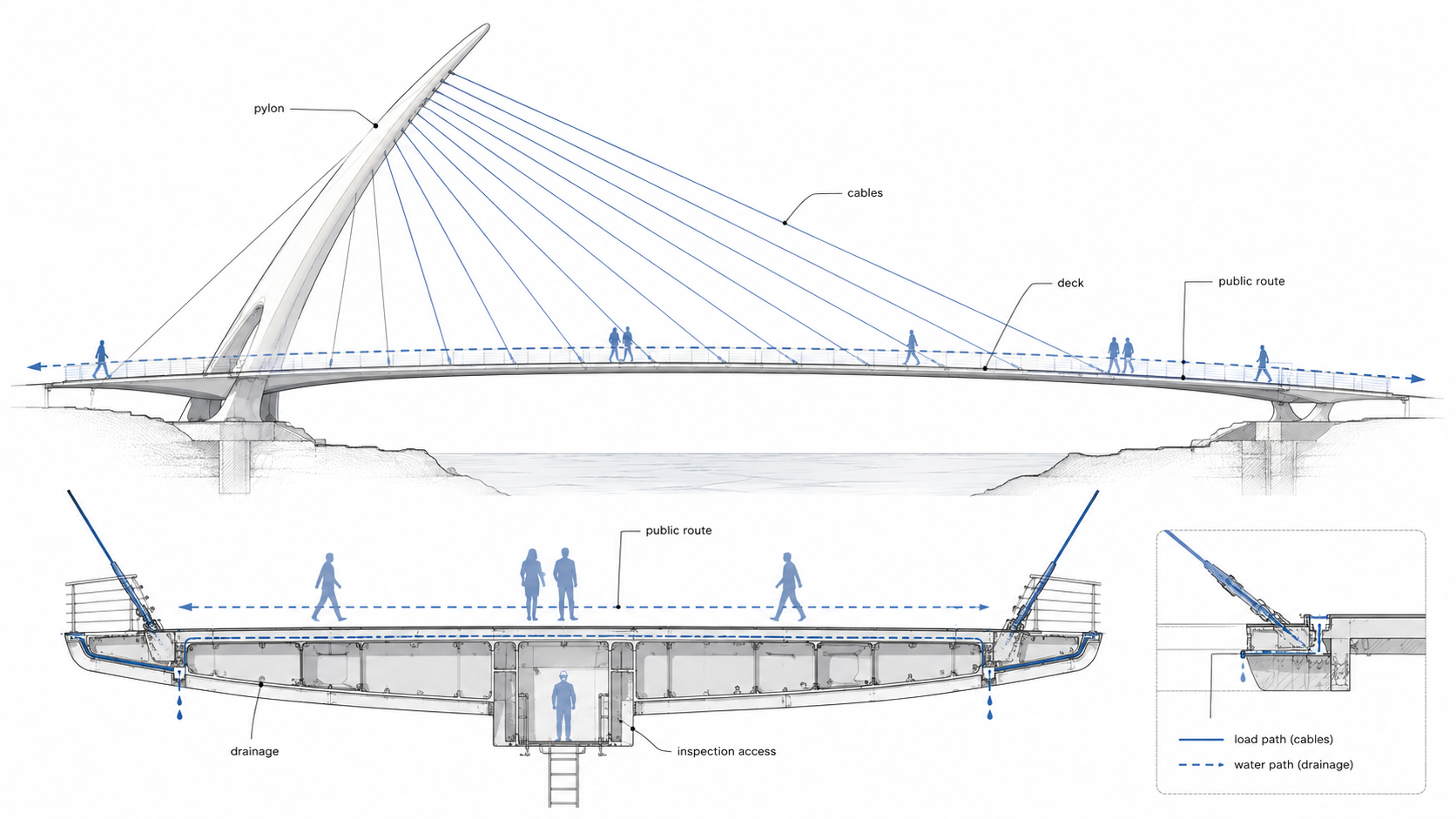 Architectural bridge section and elevation diagram showing a tilted pylon, tension cables, public walking route, drainage, and inspection access beneath the deck.