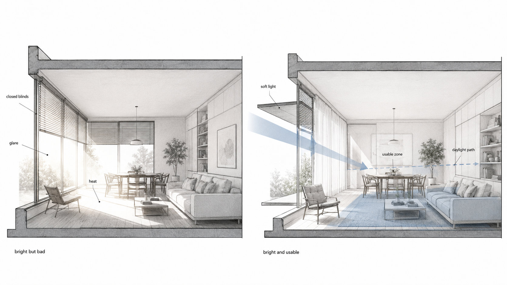 Architectural daylight diagram comparing a bright but uncomfortable living room with a bright and usable living room using section views, glare control, and daylight path.