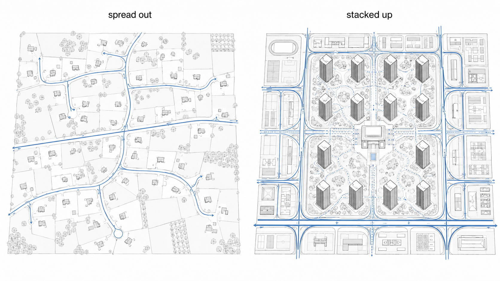 Urban planning comparison showing Broadacre City as spread-out low-density plots and Radiant City as stacked high-rise superblocks with separated circulation.