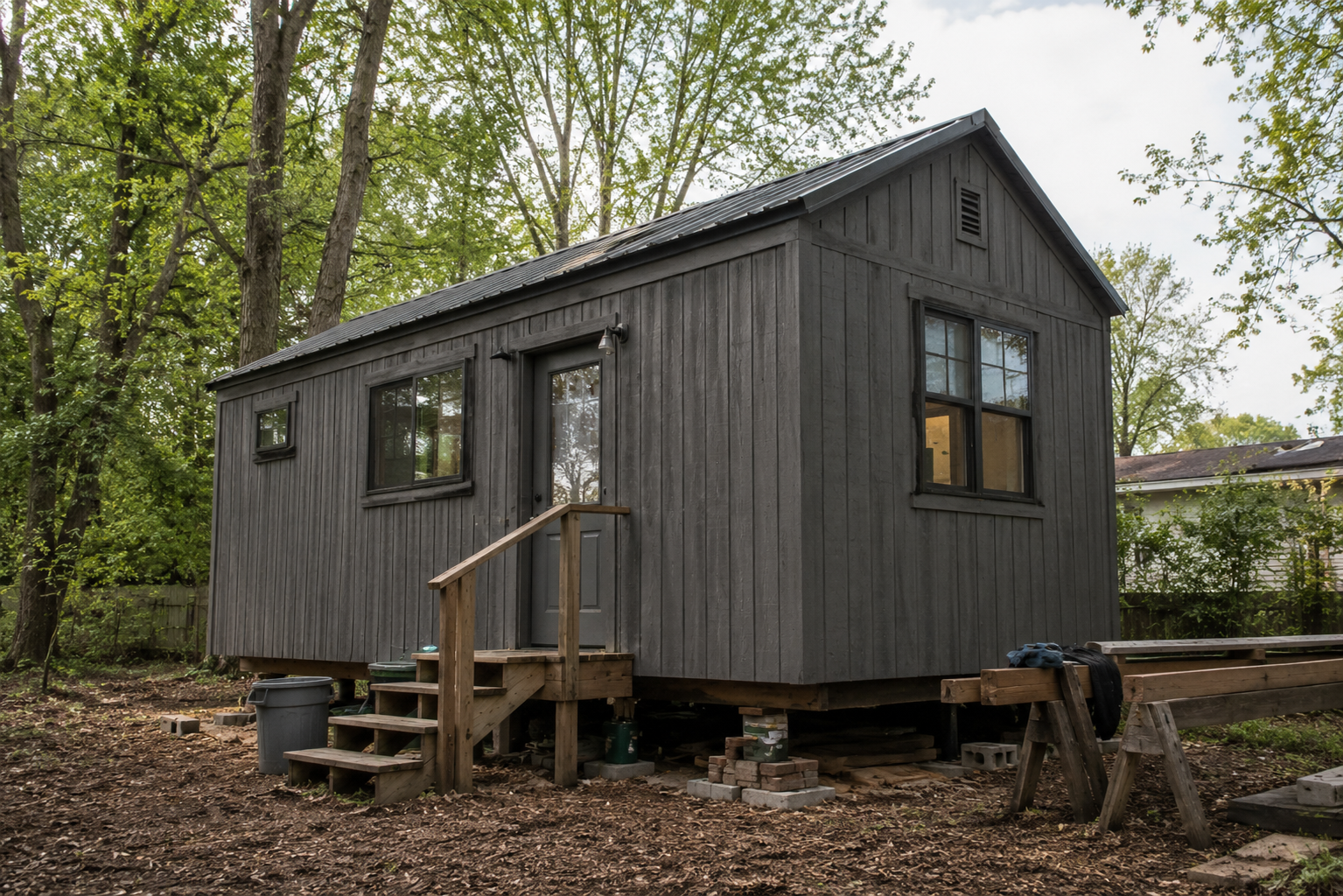 Small dark tiny house in a wooded yard with simple siding, metal roof, temporary supports, entry steps, and construction materials nearby.