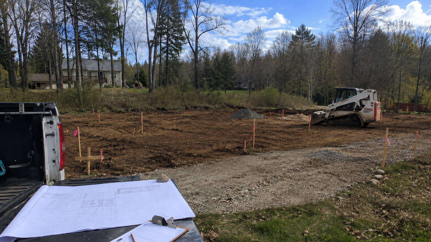 Partly cleared residential lot with survey stakes, gravel access, site plans on a truck tailgate, and a compact track loader parked near the future building area.