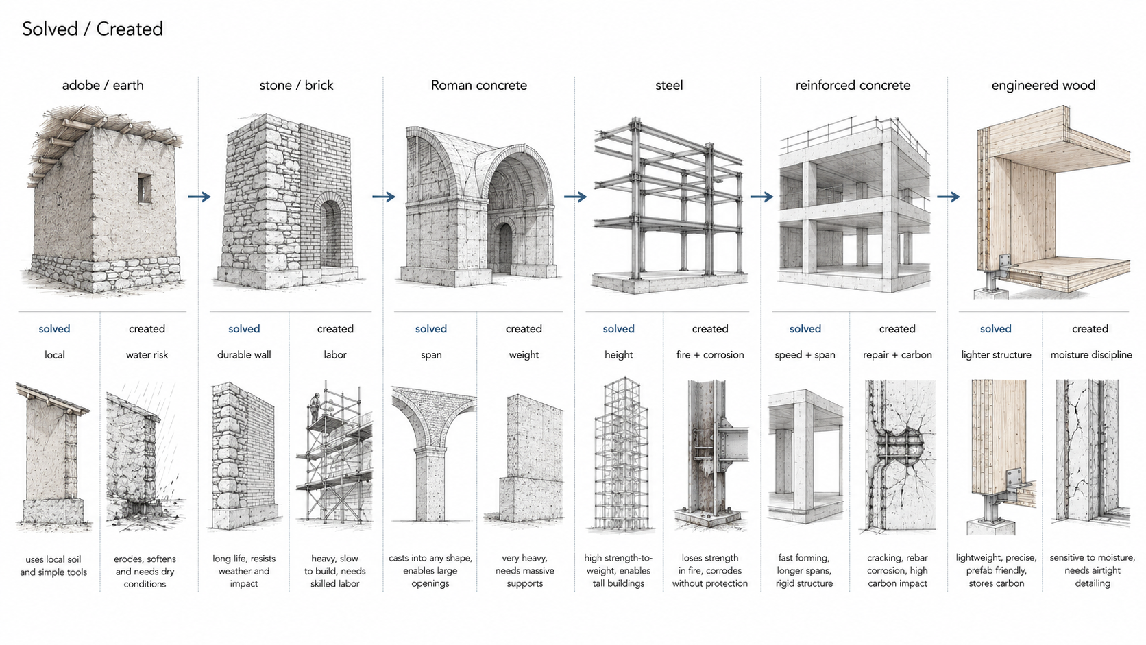 Comparison diagram showing how adobe, brick, Roman concrete, steel, reinforced concrete, and engineered wood solved building problems while creating new risks.