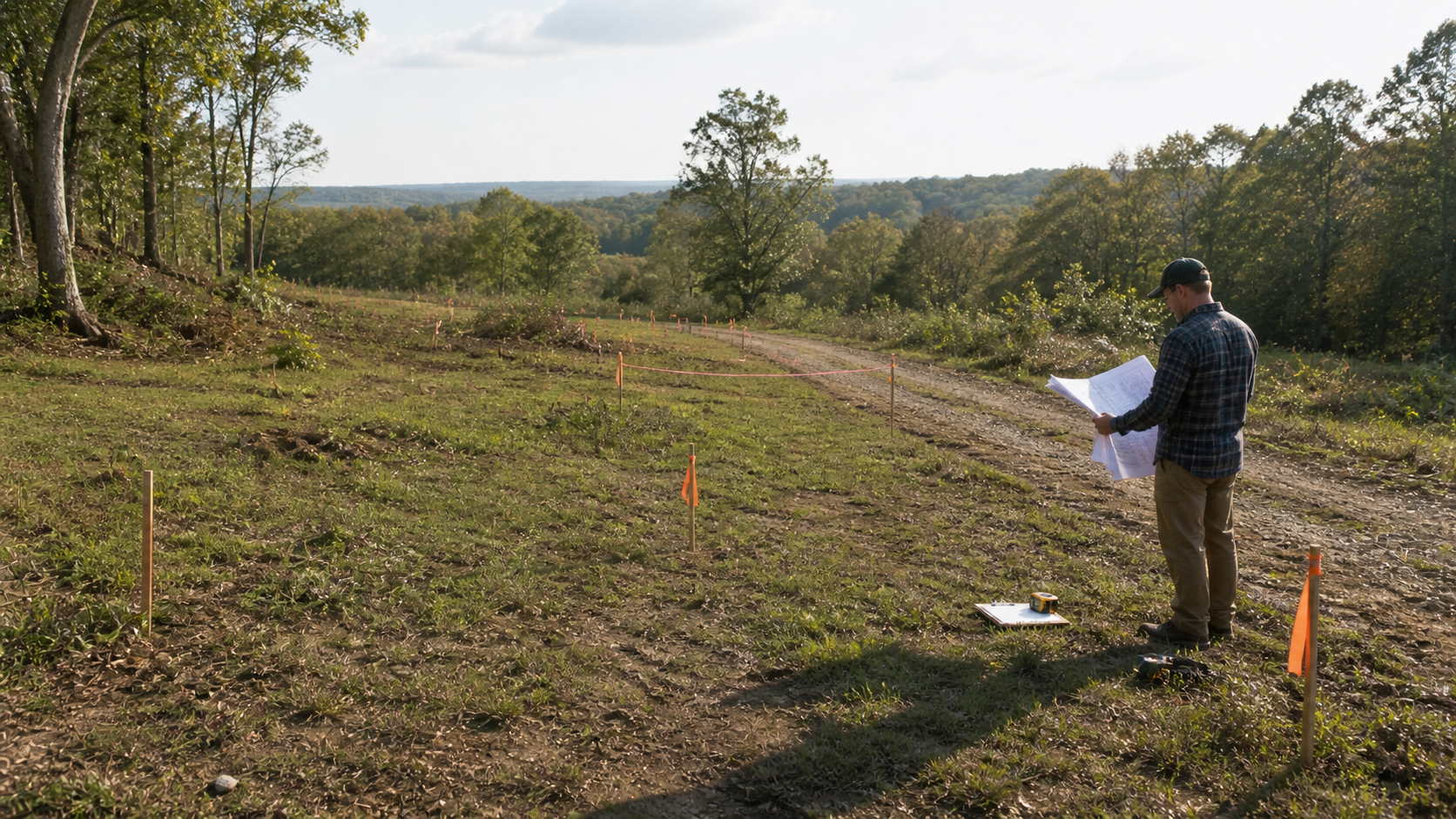 Residential building site on sloped land with survey stakes, access path, and plans being reviewed.