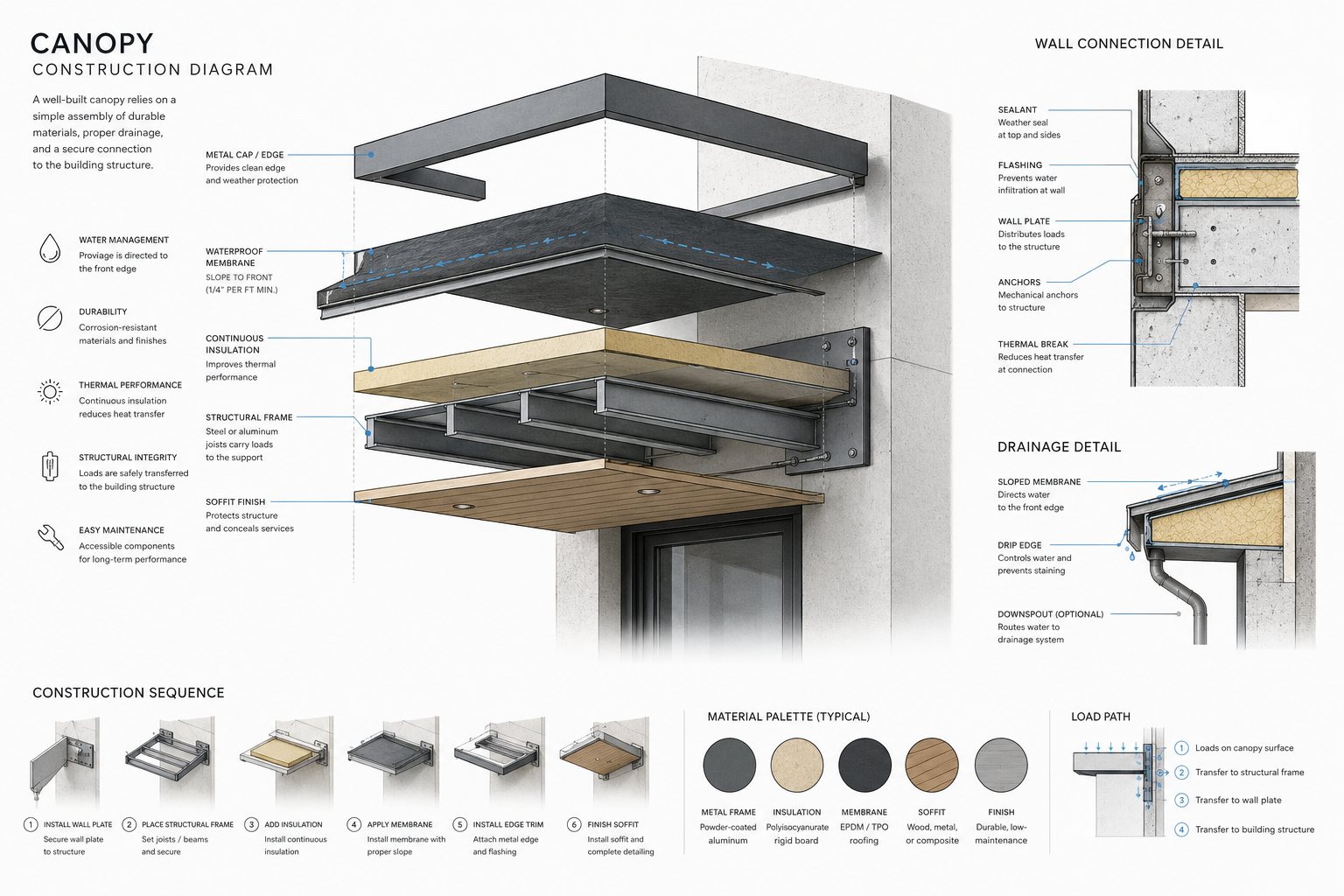 Exploded canopy construction diagram showing metal edge, waterproof membrane, insulation, structural frame, soffit finish, wall connection, drainage, and load path.