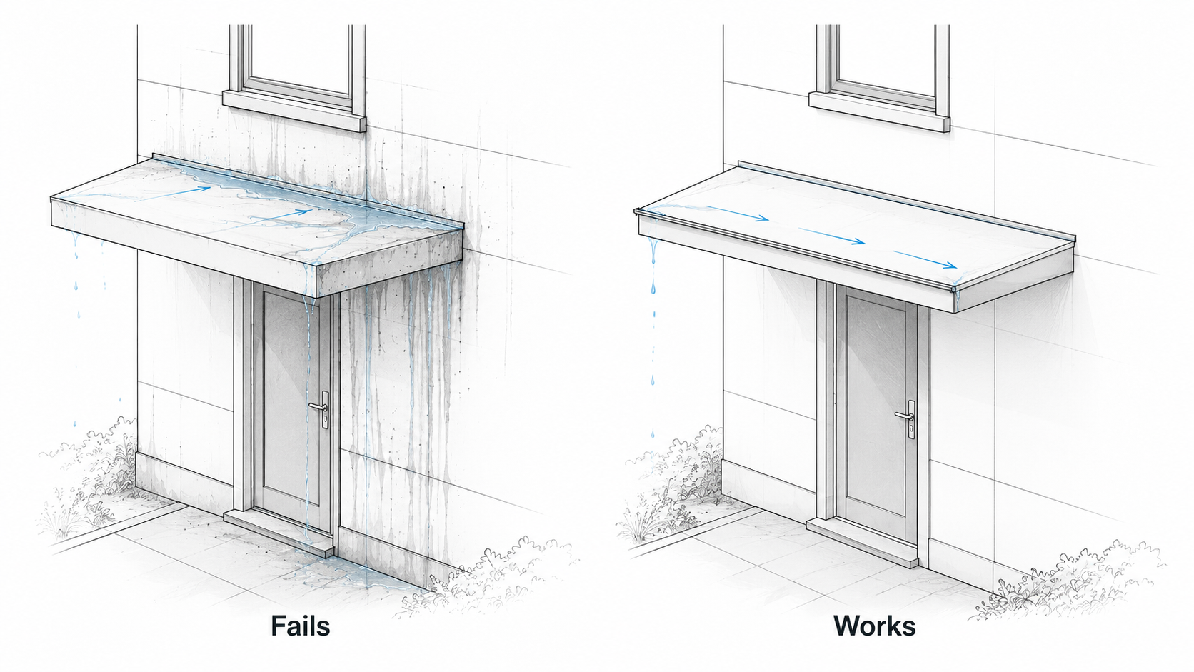 Comparison diagram showing a failed canopy trapping water against the wall and a corrected canopy draining away from the entry.