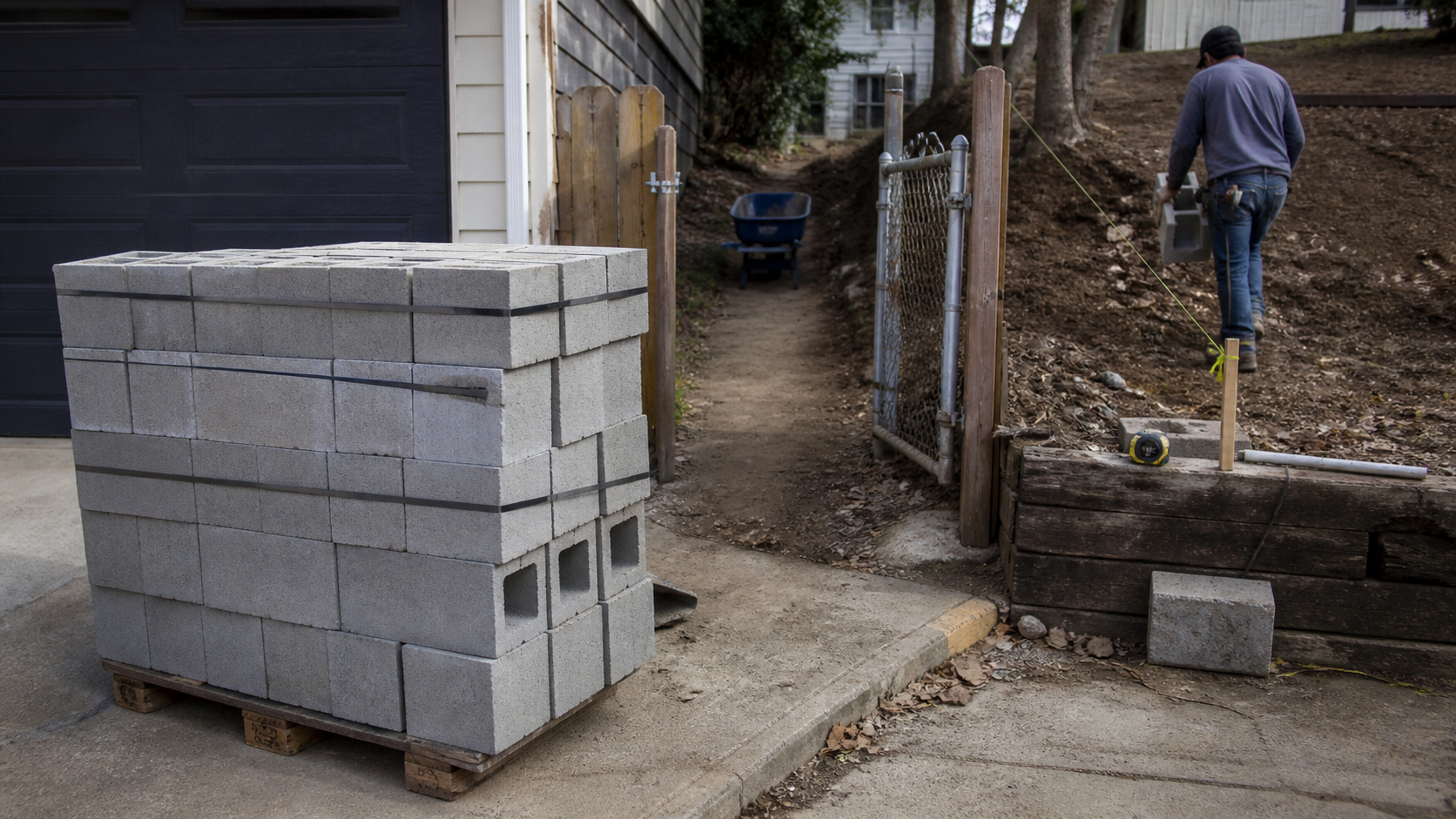 Concrete block pallet staged near a driveway with a narrow access path to the wall location.