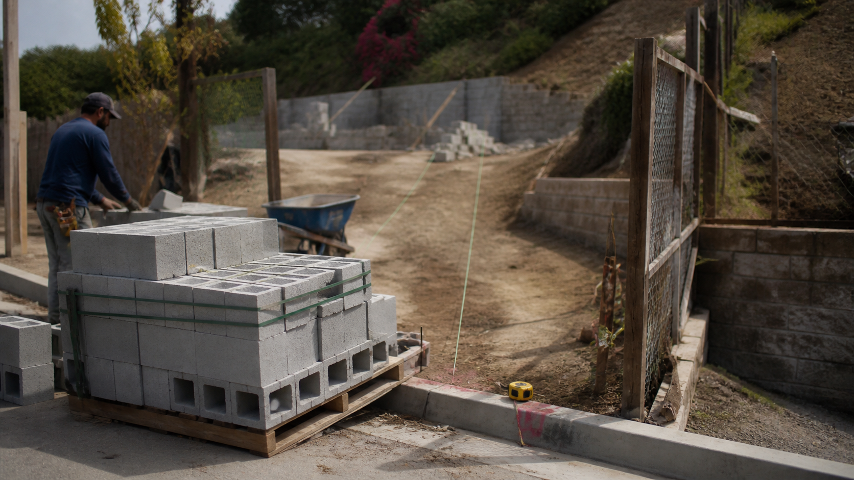Concrete blocks staged near a work area with string lines, wheelbarrow, slope, and wall location in the distance.