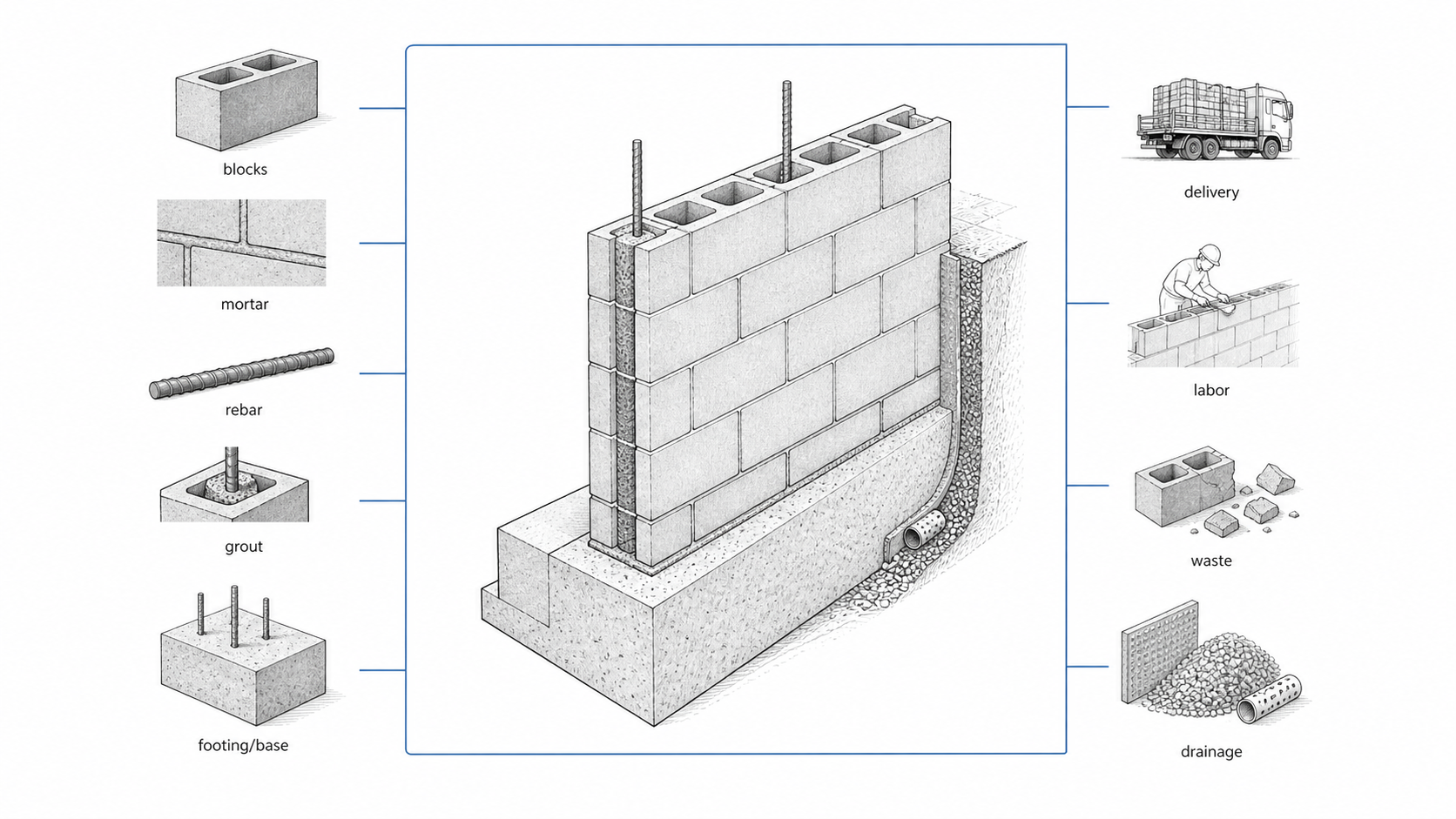 Concrete block wall diagram showing blocks, mortar, rebar, grout, footing, drainage, delivery, labor, and waste.