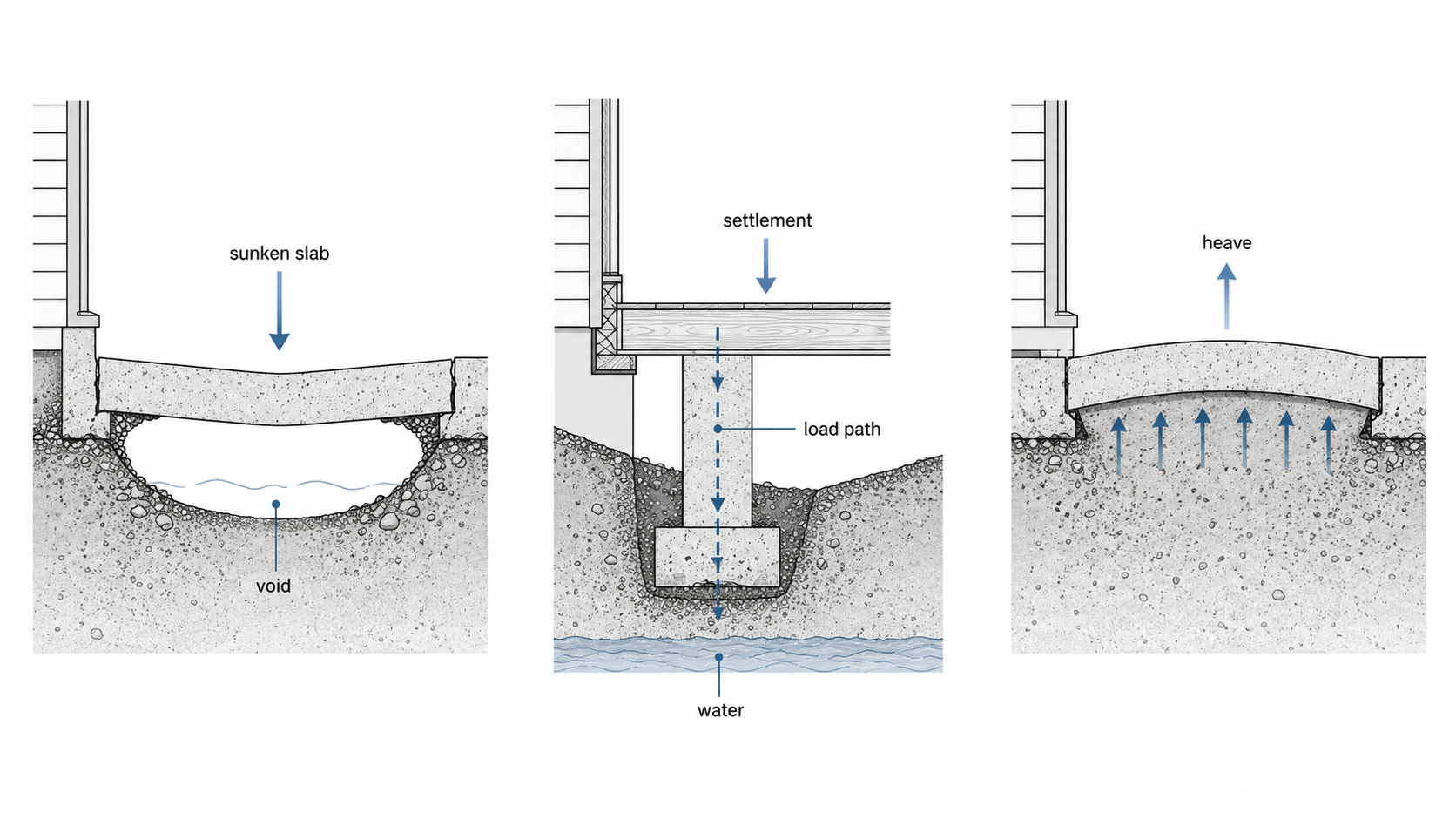 Comparison diagram showing a sunken slab over a void, structural foundation settlement, and slab heave from upward soil pressure.