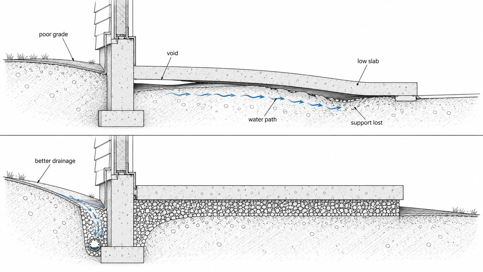 Diagram showing water moving beneath a concrete slab, washing out support, creating a void, and causing a low slab corner, with a corrected drainage and support condition below.