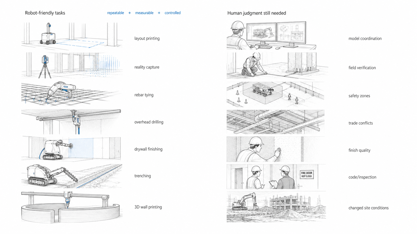 Diagram comparing robot-friendly construction tasks with tasks that still require human judgment.