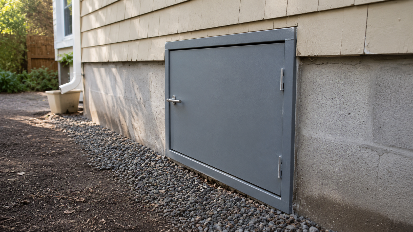 Exterior crawl-space access door set into a concrete block foundation with gravel below.