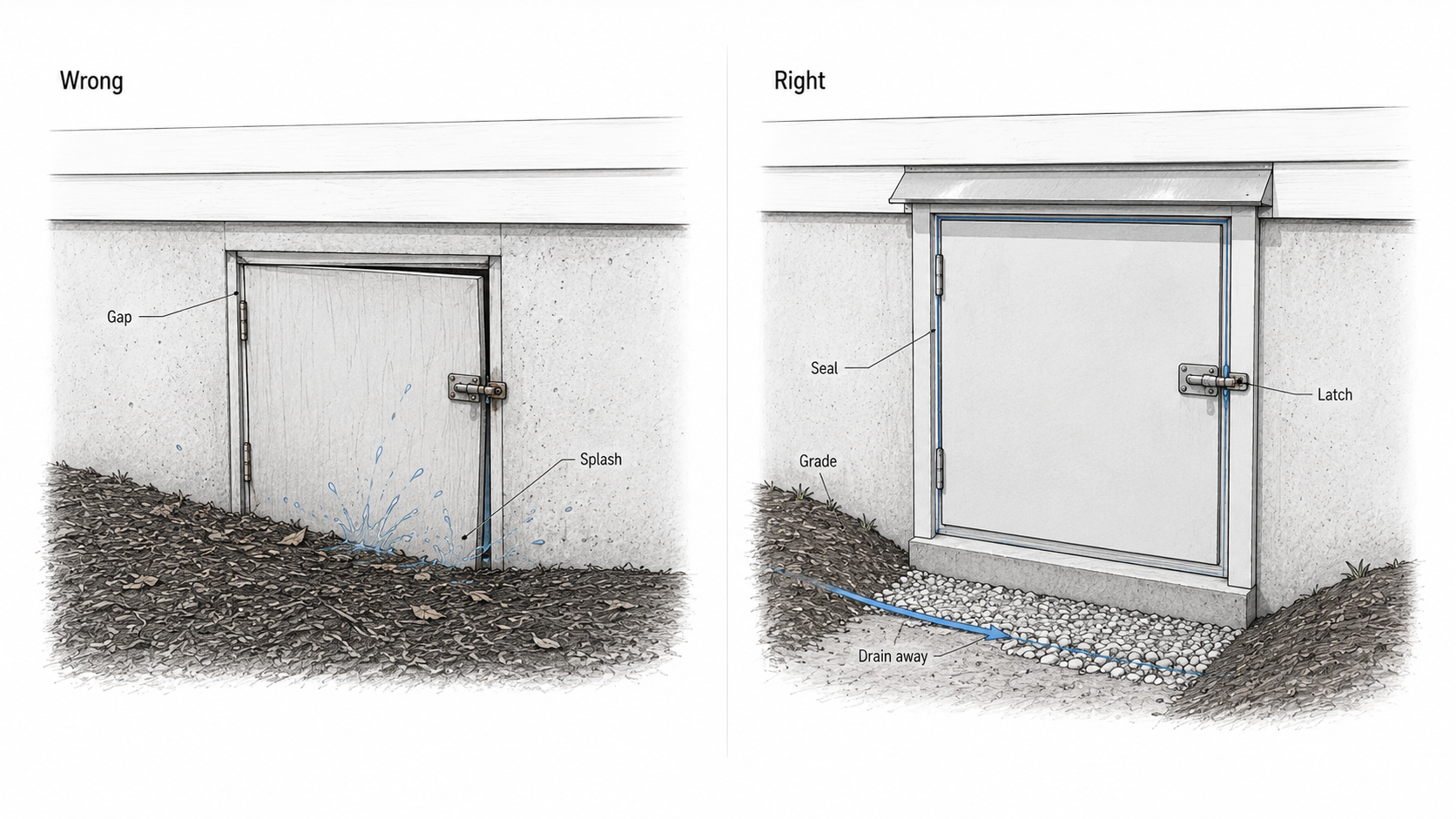 Crawl-space door comparison showing a low, gapped, splash-prone door beside a raised, sealed door with drainage away from the opening.