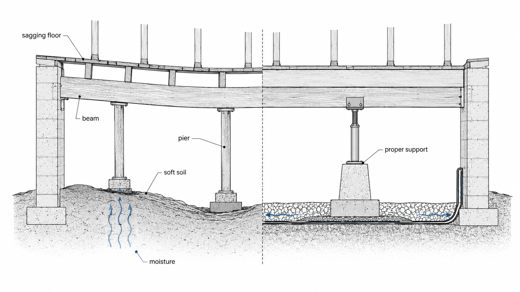 Crawl space section showing a sagging floor and weak support conditions on one side, with corrected pier support and moisture control on the other.