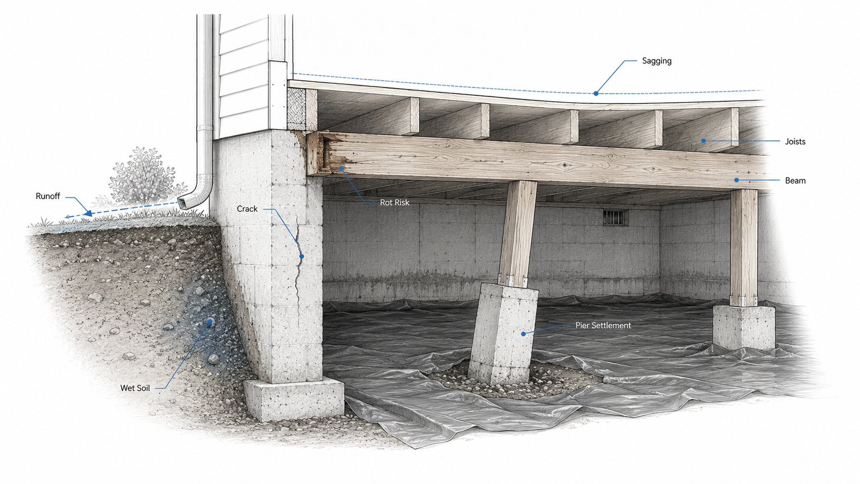 Crawl-space foundation diagnosis diagram showing runoff, wet soil, wall crack, rot risk, sagging joists, beam, and pier settlement.