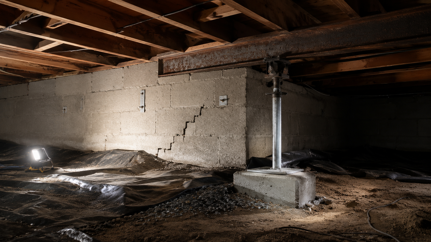 Crawl space foundation repair area with cracked block wall, floor joists, beam, jack post, vapor barrier, and work light.