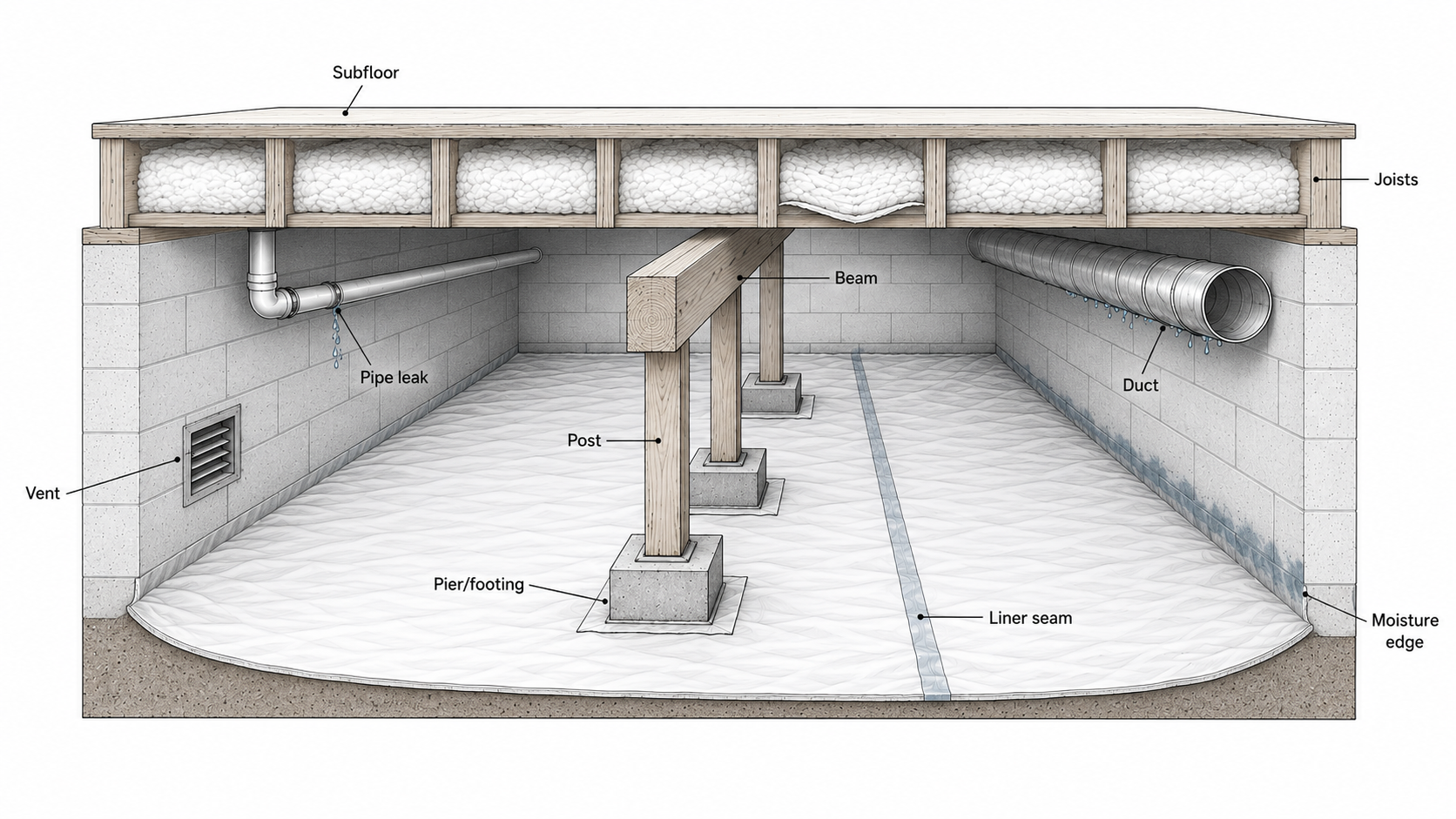 Crawl space inspection diagram showing joists, beam, posts, piers, vapor barrier, pipe leak, duct condensation, vent, and moisture edge.