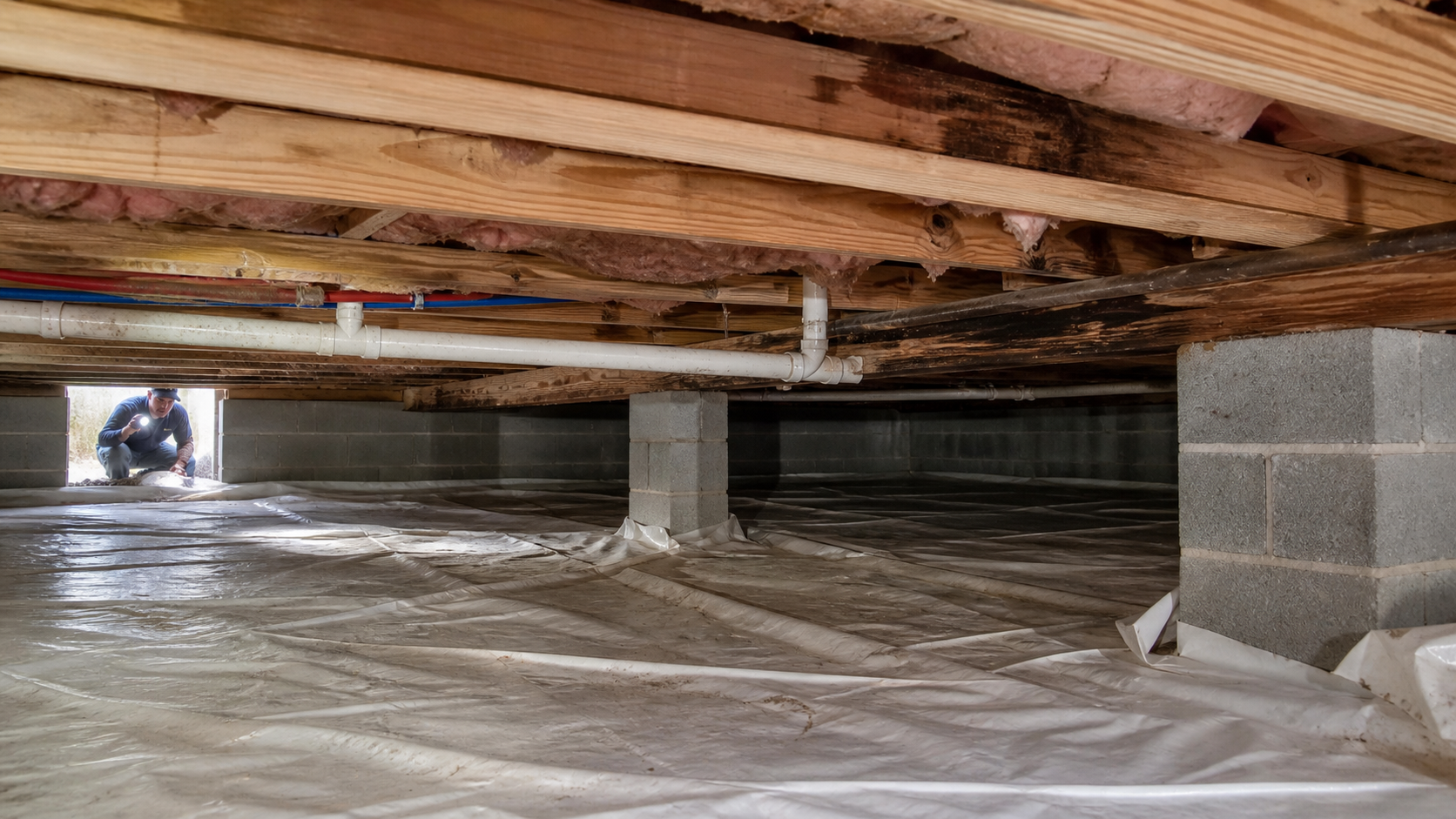 Crawl space inspection showing wood framing, insulation, pipes, block supports, and a ground vapor barrier.