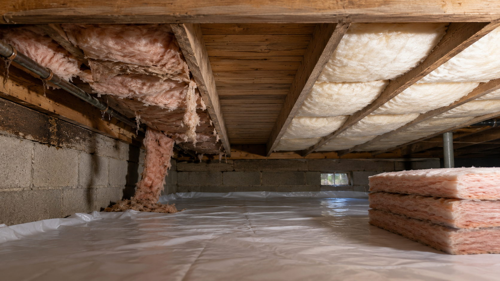 Crawl space insulation replacement photo showing sagging old insulation, new batts, floor joists, vapor barrier, and moisture staining.